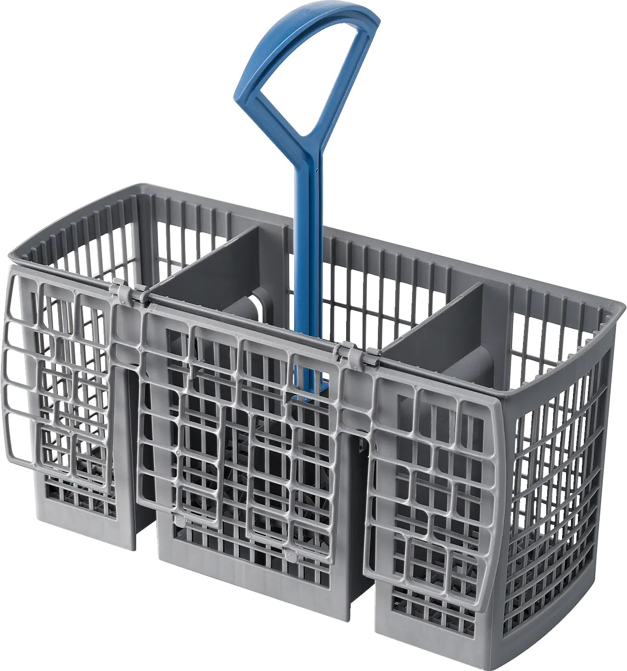 Cesta gris para cubiertos de lavavajillas con asa azul central y tres compartimentos con rejillas plegables.