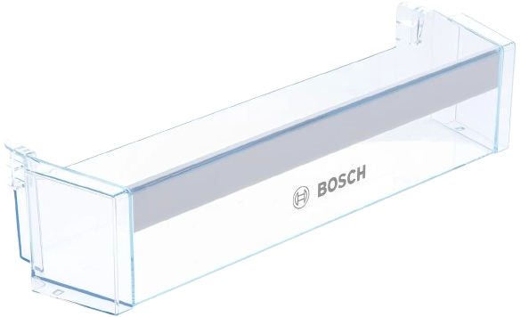 Estante de puerta transparente para frigorífico Bosch con moldura decorativa en color gris y logotipo de la marca.