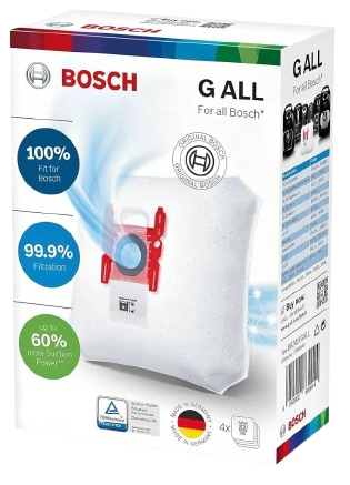Caja de bolsas para aspiradora Bosch G ALL con certificación de filtración del 99.9% y fabricadas en Alemania.